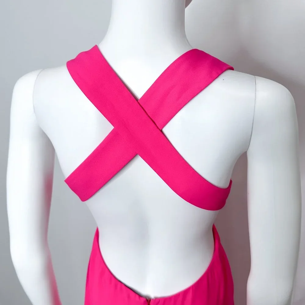 JILL Jill Stuart Plunge Deep V Cross Back Cut Out Maxi Dress Gown in Gossip Pink
